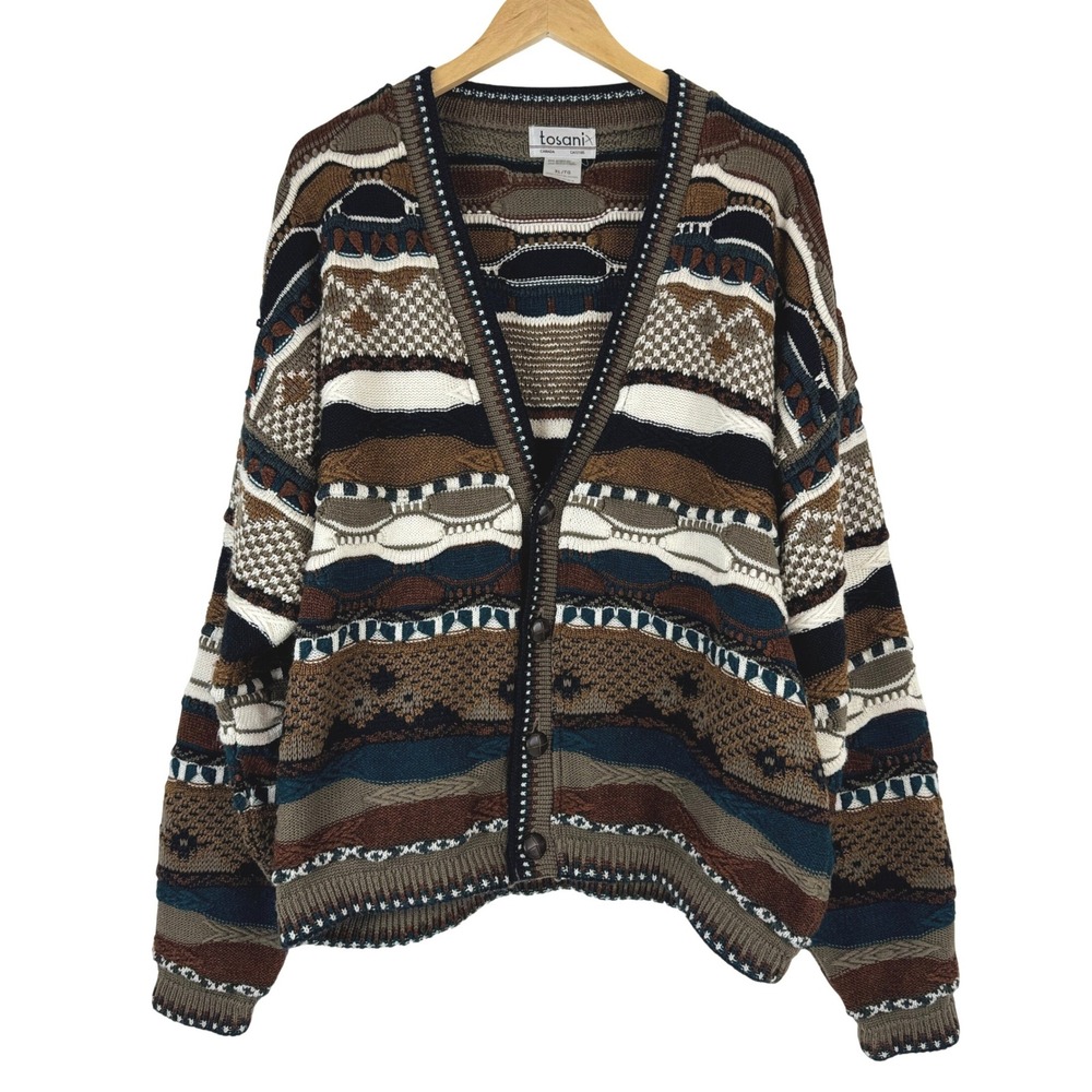 Tosani Vintage Chunky Knit Cardigan Sweater XL Multi Color Geometric Coogi Style